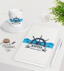 Kişiye Özel Kaptan Beyaz Defter Kalem Türk Kahvesi Fincanı Seti-9