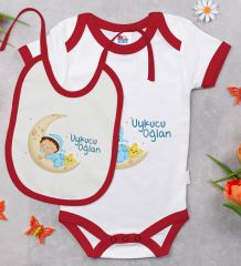 BK Kids Uykucu Oğlan Tasarımlı Kırmızı Bebek Body Zıbın ve Mama Önlüğü Hediye Seti-1