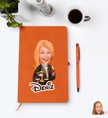 Kişiye Özel Kadın Avukat Karikatürlü Turuncu Termo Deri Defter Kalem Seti Model 1