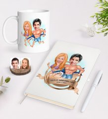 Kişiye Özel Yılın En Mükemmel Çifti Karikatürlü Beyaz Defter Kalem ve Kupa Seti-8