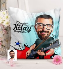 Kişiye Özel Bay Gitarist Karikatürlü Saten Yastık - 1