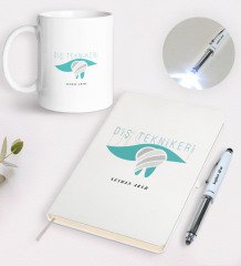 Kişiye Özel Diş Teknikeri Tasarımlı Defter Kupa ve Dokunmatik Işıklı Kalem Seti-1