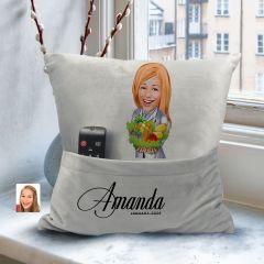 BK Gift Kişiye Özel Kadın Diyetisyen Karikatür Tasarımlı Organizer Kumanda ve Atıştırmalık Cepli Gri Kırlent Yastık- 1 Arkadaşa Hediye, Cepli Yastık