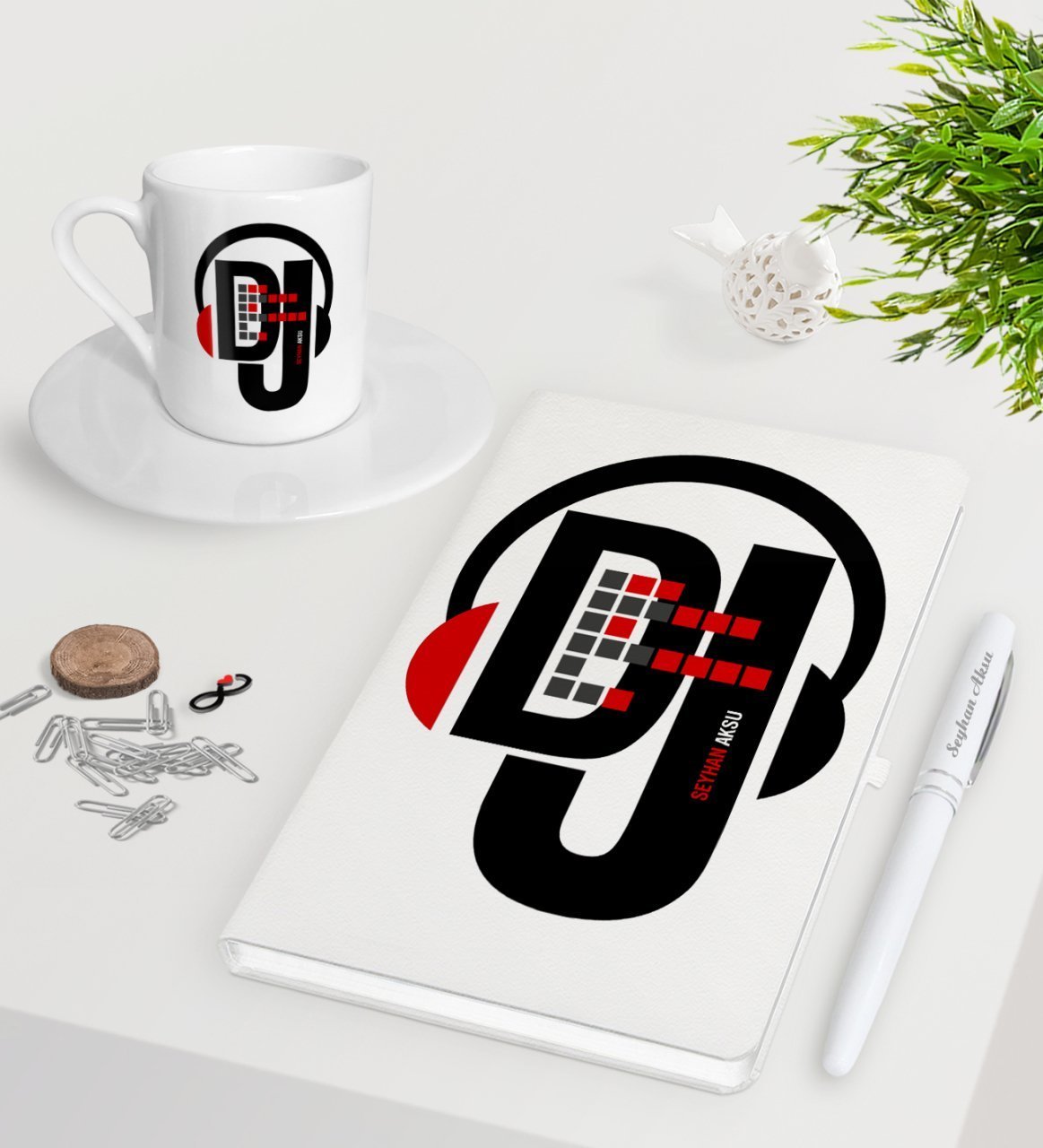 Kişiye Özel DJ Beyaz Defter Kalem Türk Kahvesi Fincanı Seti-1