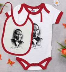 BK Kids Atatürk Temalı Kırmızı Bebek Body Zıbın ve Mama Önlüğü Hediye Seti-14