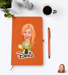 Kişiye Özel Kadın Asistan Karikatürlü Turuncu Termo Deri Defter Kalem Seti Model 2