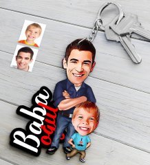 Kişiye Özel Baba Oğul Ahşap Karikatür Anahtarlık-3