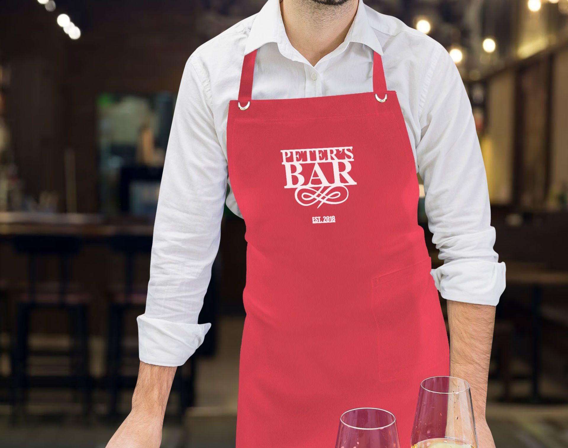 BK Gift Kişiye Özel İsimli Tarihli Bar Tasarımlı Profesyonel Kırmızı Mutfak Önlüğü, Aşçı Önlüğü, Şef Önlüğü, Arkadaşa Hediye-1