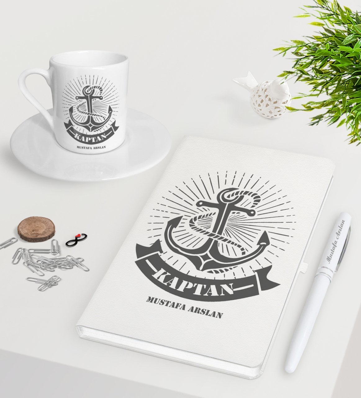 Kişiye Özel Kaptan Beyaz Defter Kalem Türk Kahvesi Fincanı Seti-7