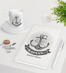 Kişiye Özel Kaptan Beyaz Defter Kalem Türk Kahvesi Fincanı Seti-7