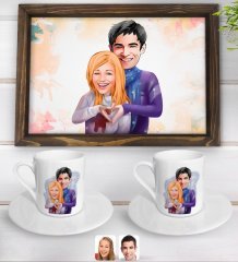 Kişiye Özel Sevgililer Karikatürlü Doğal Ahşap Tepsi ve 2’li Kahve Fincan Seti-89