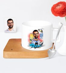 Kişiye Özel Doktor Karikatür Ahşap Altlıklı Seramik Fincan - 1