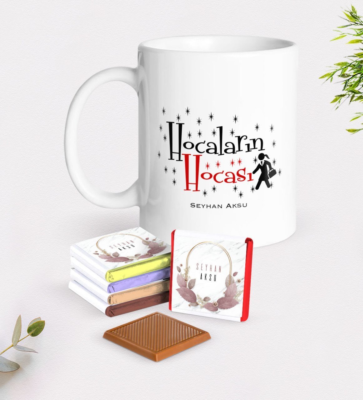 Kişiye Özel Hocaların Hocası Beyaz Kupa ve Çikolata Hediye Seti-2