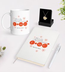 Kişiye Özel Fizik Öğretmeni Beyaz Kupa Defter Kalem ve İsimli Papatya Kolye Hediye Seti-2