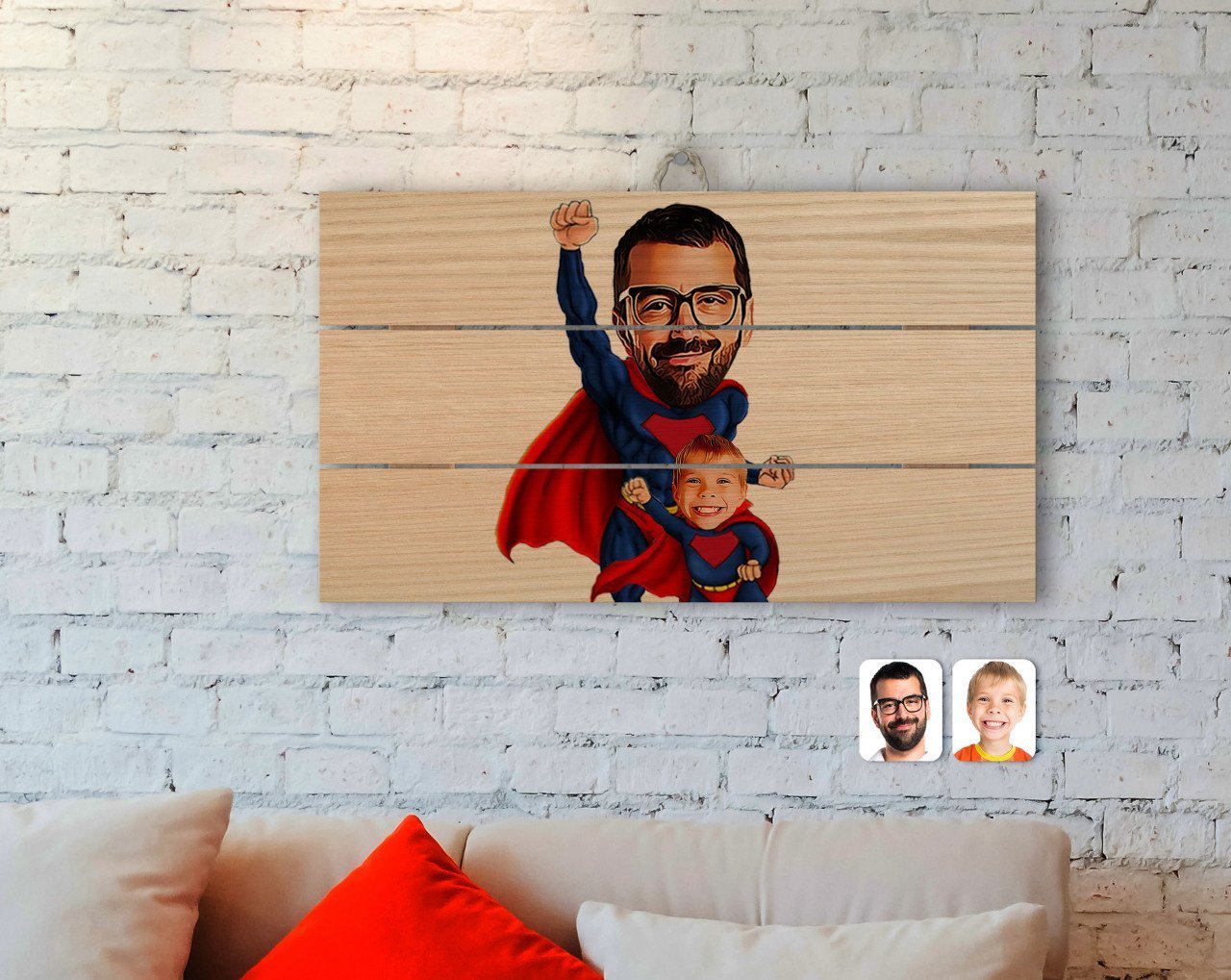 Kişiye Özel Süper Baba ve Çocuk Karikatürlü Otantik Ahşap Palet Tablo