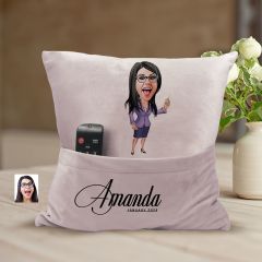 BK Gift Kişiye Özel Öğretmen Karikatür Tasarımlı Organizer Kumanda ve Atıştırmalık Cepli Pembe Kırlent Yastık-1 Arkadaşa Hediye, Cepli Yastık
