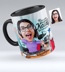 Kişiye Özel Bayan Radyocu Karikatürlü Siyah Kupa Bardak - 1