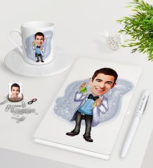 Kişiye Özel Erkek Kimyager Karikatürlü Beyaz Defter Kalem Türk Kahvesi Fincanı Seti-2