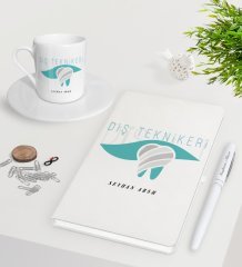 Kişiye Özel Diş Teknikeri Beyaz Defter Kalem Türk Kahvesi Fincanı Seti-1