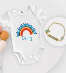 BK Kids Kişiye Özel İsimli Beyaz Bebek Body Zıbın ve Erkek Bebek Künyesi Hediye Seti-2