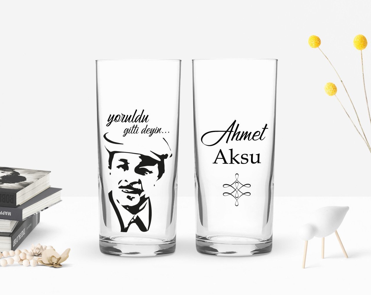 Kişiye Özel Renkli Baskılı Neşet Ertaş Tasarımlı İkili Rakı Bardağı Seti-2
