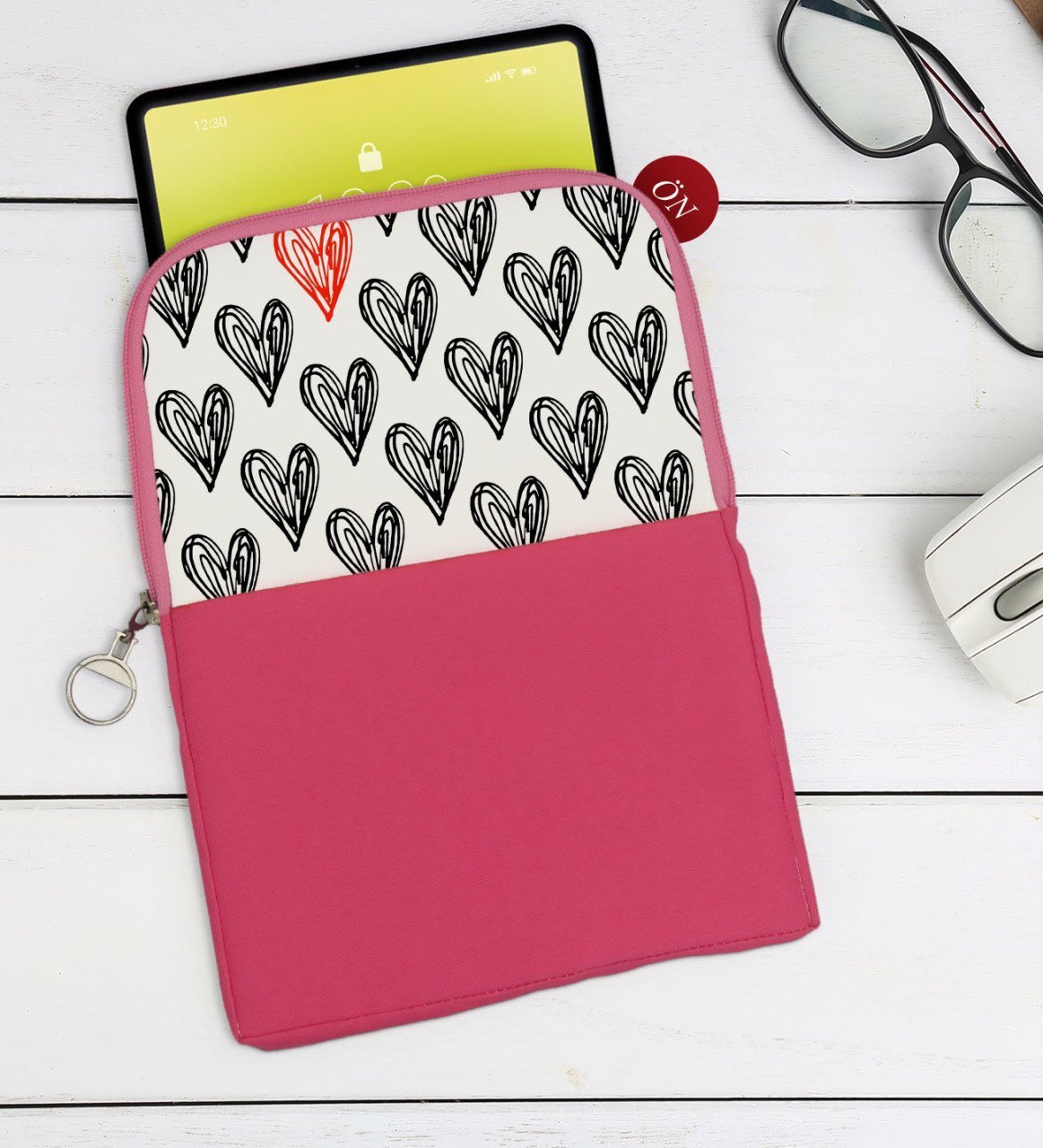 BK Gift Kalpler Tasarımlı Taşınabilir Koruyucu Tablet Kılıfı & Organizer Çanta - Pembe-1