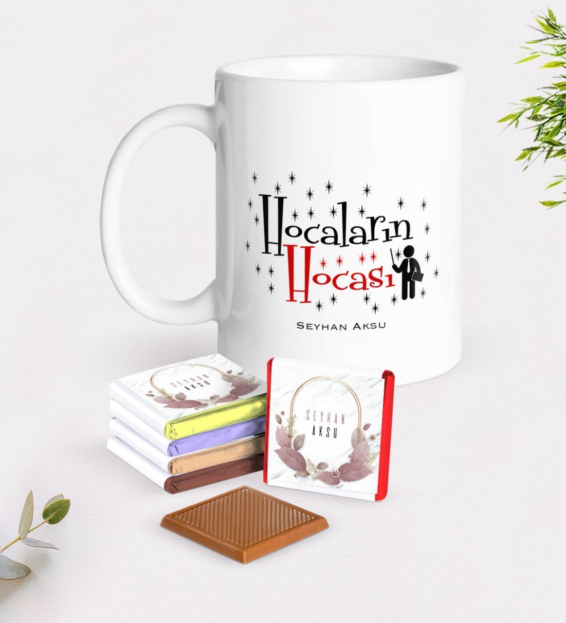 Kişiye Özel Hocaların Hocası Beyaz Kupa ve Çikolata Hediye Seti-1