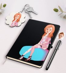 Kişiye Özel Kadın Karikatürlü Siyah Defter Kalem Ve Anahtarlık Hediye Seti-32