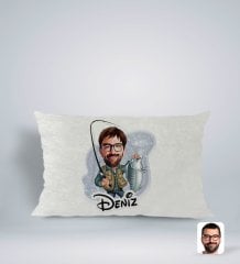Kişiye Özel İsimli Erkek Balıkçı Karikatürlü Dikdörtgen Araç Koltuk Yastığı-1