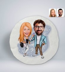 Kişiye Özel Sevgililer Karikatürlü Yuvarlak Dekoratif Kırlent Yastık-93