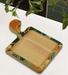 BK Gift Çiçekler Tasarımlı Kare Şeklinde Doğal Ahşap Servis ve Sunum Tabağı Model 7