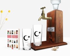 Kişiye Özel Renkli Baskılı Ayyıldız Tasarımlı İkili Rakı Bardağı Ahşap Rakı Standı ve Cep Kitabı Hediye Seti-1