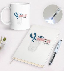 Kişiye Özel Diş Hekimi Tasarımlı Defter Kupa ve Dokunmatik Işıklı Kalem Seti-1