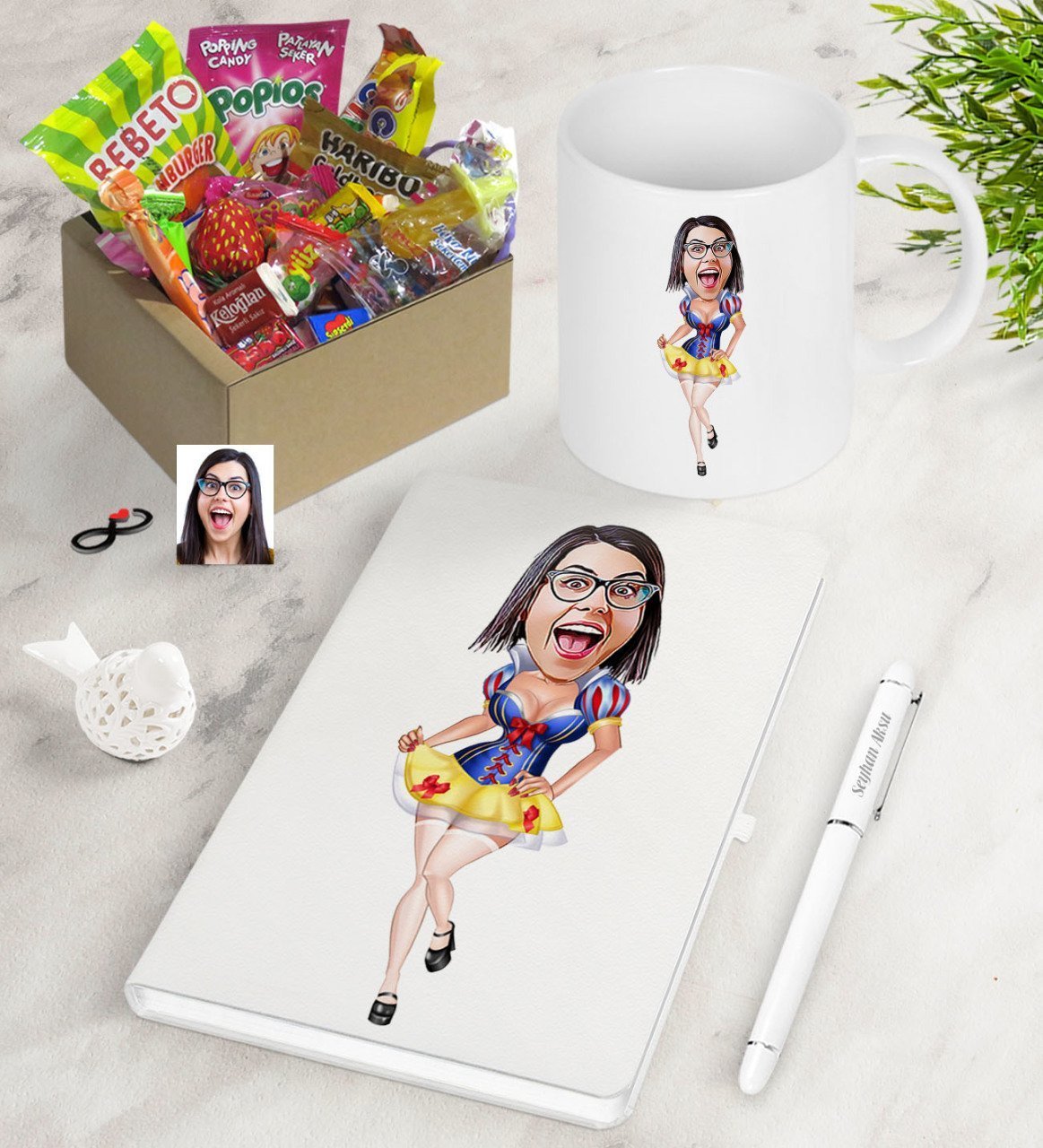 Kişiye Özel Pamuk Prenses Karikatürlü Nostaljik Lezzetler Defter Kalem Kupa Hediye Seti