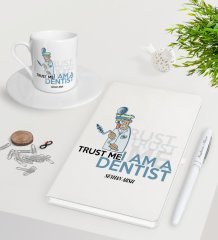 Kişiye Özel Diş Hekimi Beyaz Defter Kalem Türk Kahvesi Fincanı Seti-3