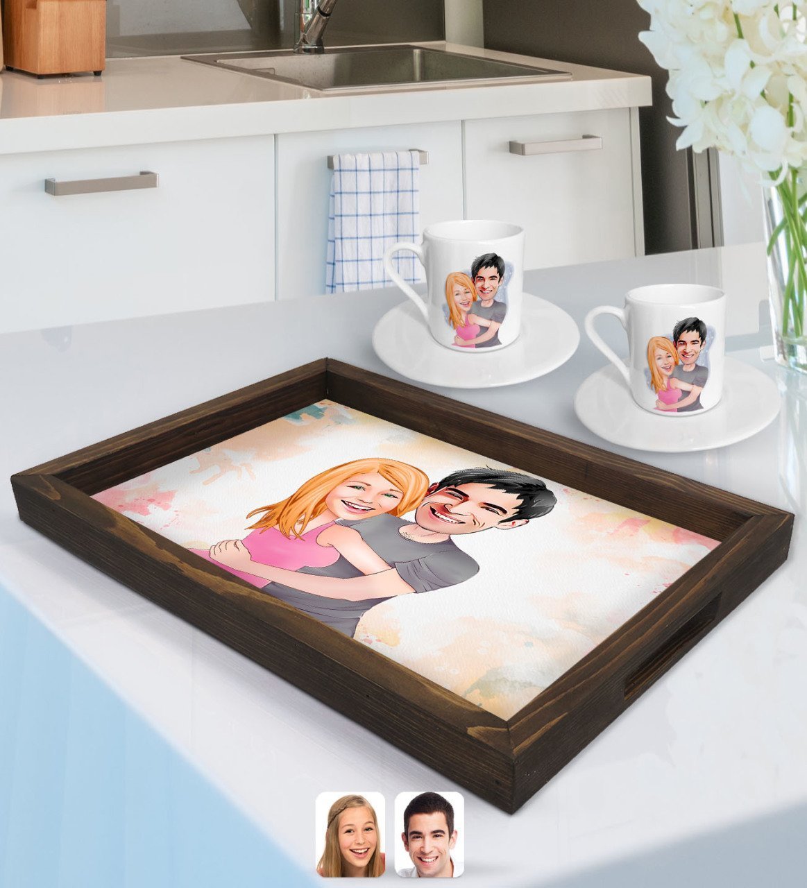 Kişiye Özel Sevgililer Karikatürlü Doğal Ahşap Tepsi ve 2’li Kahve Fincan Seti-86