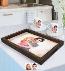 Kişiye Özel Sevgililer Karikatürlü Doğal Ahşap Tepsi ve 2’li Kahve Fincan Seti-86
