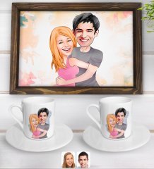 Kişiye Özel Sevgililer Karikatürlü Doğal Ahşap Tepsi ve 2’li Kahve Fincan Seti-86