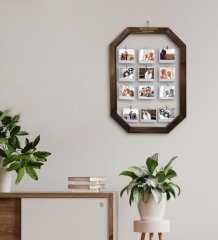 Kişiye Özel 12 Fotoğraflı Doğal Ahşap Sekizgen Fotoğraf Çerçevesi 46x66cm