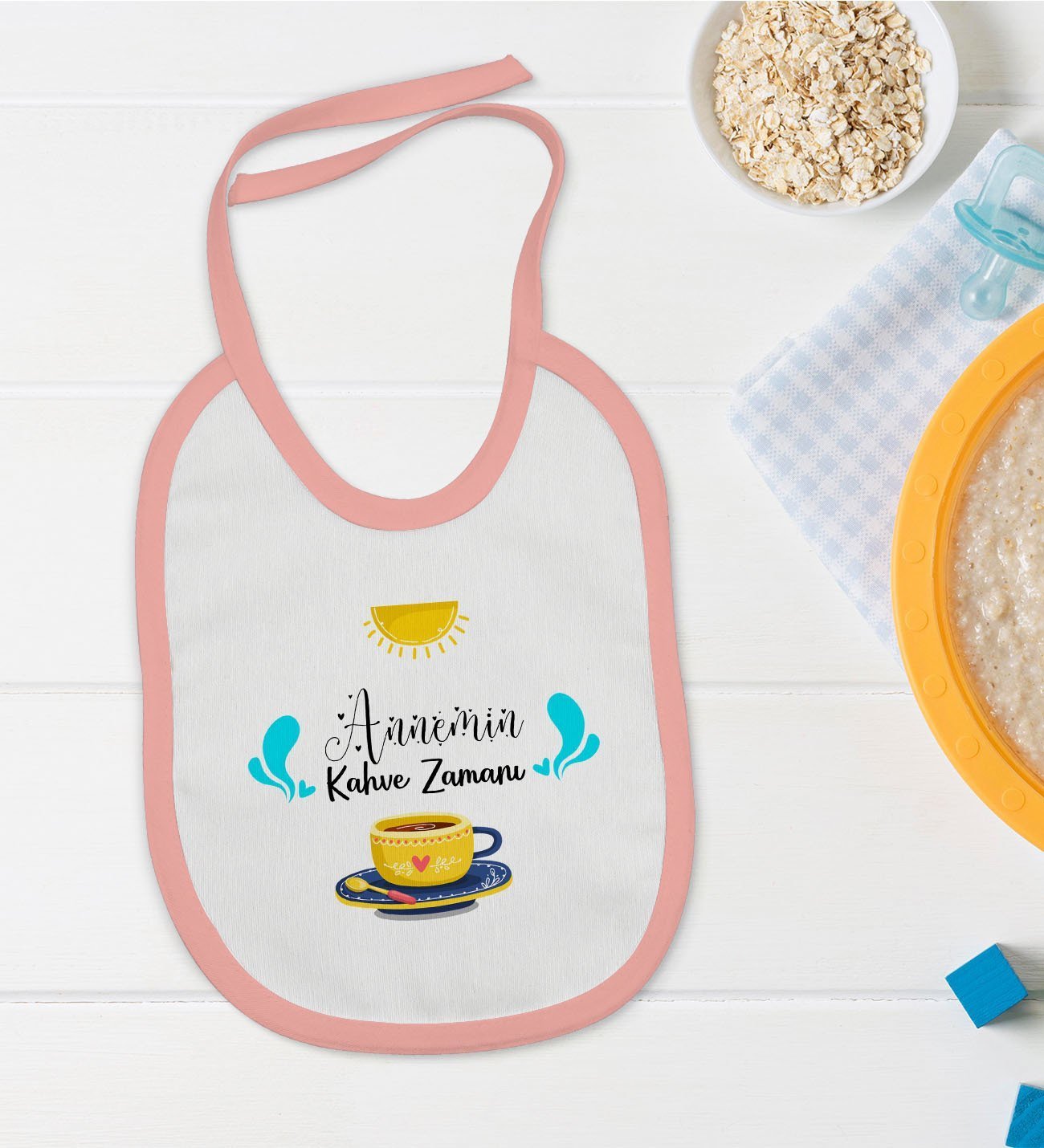 BK Kids Annemin Kahve Zamanı Tasarımlı Pembe Bebek Mama Önlüğü