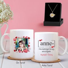 Kişiye Özel Fotoğraflı Anne Tasarımlı Kupa ve Papatya Kolye Hediye Seti-1