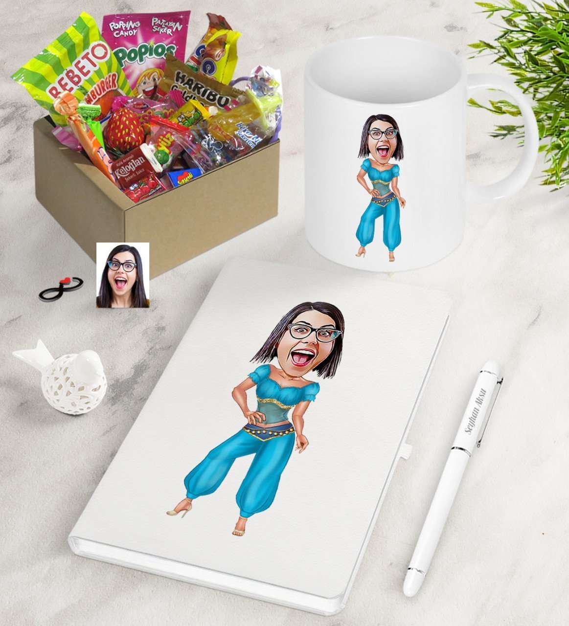 Kişiye Özel Oryantal Dansçı Karikatürlü Nostaljik Lezzetler Defter Kalem Kupa Hediye Seti