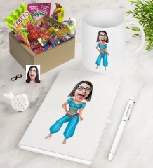 Kişiye Özel Oryantal Dansçı Karikatürlü Nostaljik Lezzetler Defter Kalem Kupa Hediye Seti