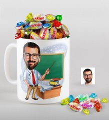 Kişiye Özel Bay Öğretmen Karikatürlü Kupa ve Haribo Fruitbons Şeker Hediye Seti-1