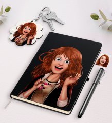 Kişiye Özel Kadın Animasyon Karikatürlü Siyah Defter Kalem Ve Anahtarlık Hediye Seti-11