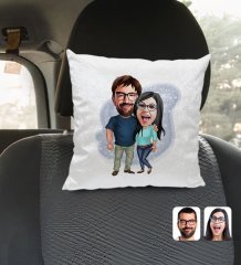 Kişiye Özel Sevgililer Karikatürlü Kare Araç Koltuk Yastığı-109