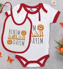 BK Kids Aslan Dayım Tasarımlı Kırmızı Bebek Body Zıbın ve Mama Önlüğü Hediye Seti-1