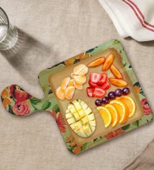 BK Gift Çiçekler Tasarımlı Kare Şeklinde Doğal Ahşap Servis ve Sunum Tabağı Model 5