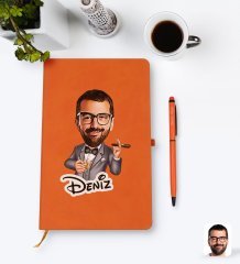 Kişiye Özel Erkek Patron Karikatürlü Turuncu Termo Deri Defter Kalem Seti Model 3