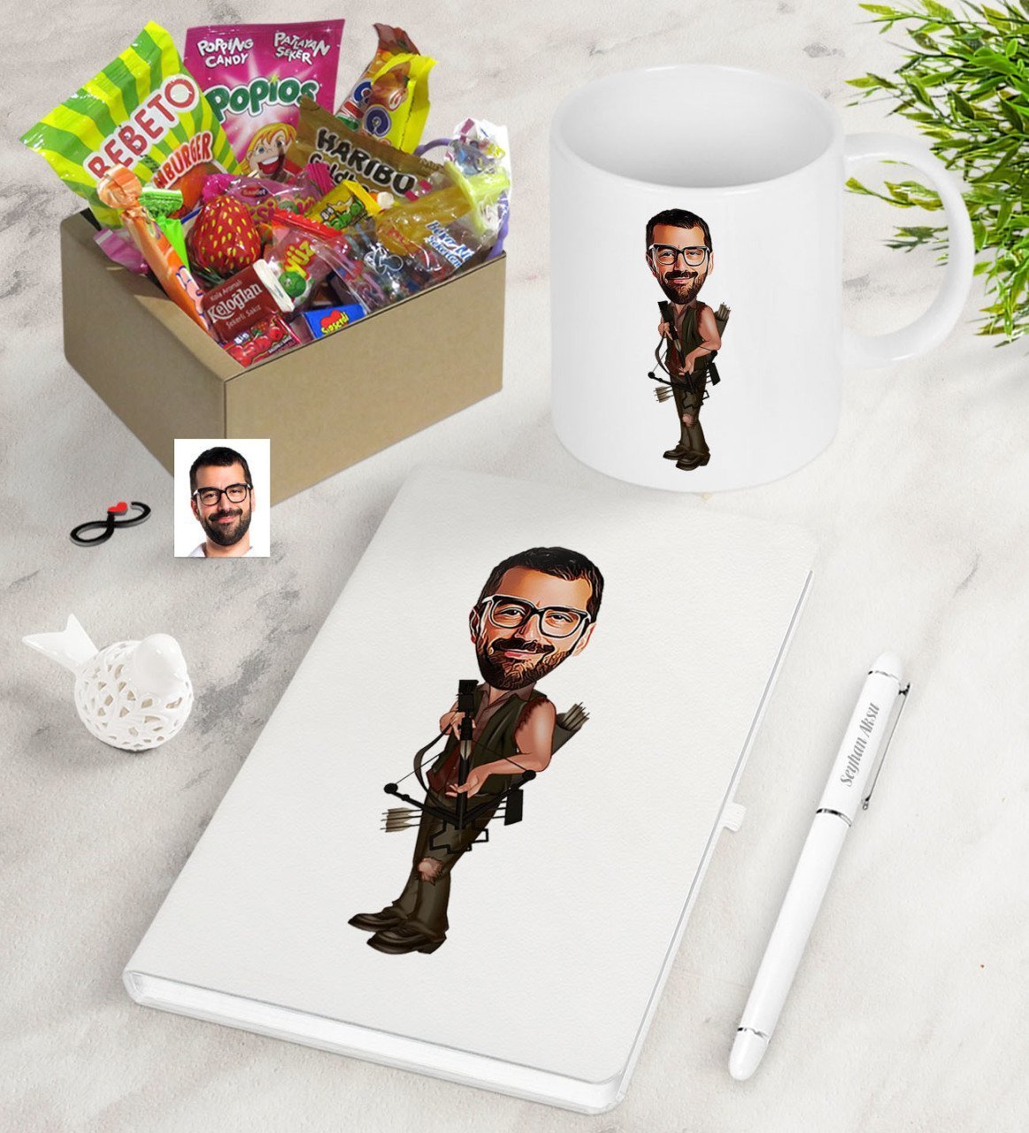 Kişiye Özel Bay Okçu Karikatürlü Nostaljik Lezzetler Defter Kalem Kupa Hediye Seti